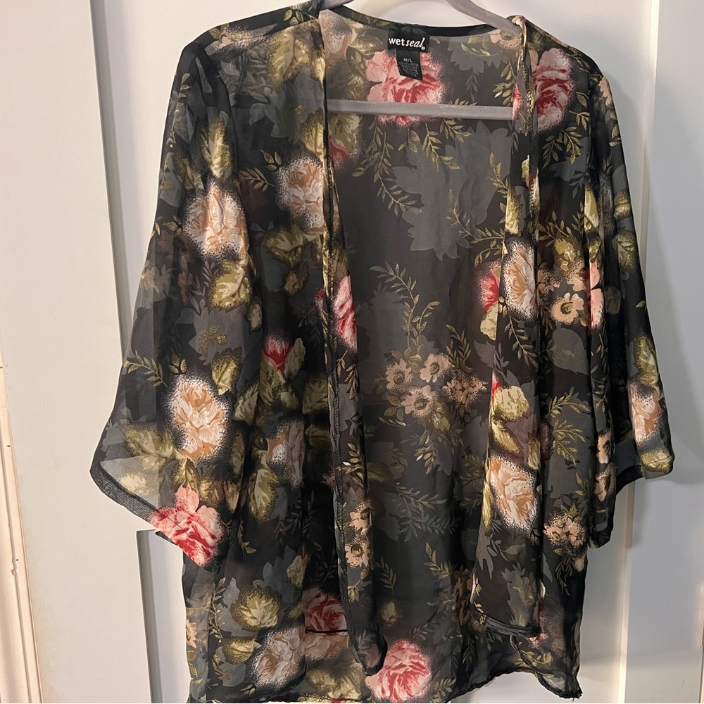 Wet Seal Sheer Floral Kimono Blouse - Black and Pink